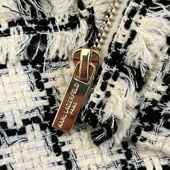 Karl Lagerfeld Plaid Tweed Fringe Crop Full Zip Blazer - Picture 11 of 17